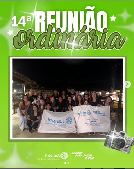 14ª Reunião Ordinária  Na sexta-feira, dia 24 de outubro de 2025, às 18h, foi realizada a 14ª Reunião Ordinária do Interact Club de Três Passos, gestão 2025-2026, sob o lema “Unidos para Fazer o Bem”. A presidente Luiza Sbaraini conduziu a reunião de forma eficiente, garantindo que todas as pautas fossem atendidas.  Além disso, tivemos a honra de realizar a cerimônia de pinagem do convidado Benjamin Gulko Volino. Após o encerramento da reunião, os associados confeccionaram pompons e cartazes em preparação para o projeto Integraract, promovido pelo Interact Club de Campina das Missões.  Com carinho Interact Club de Três Passos 💚  #paratodosverem: este post possui legenda alternativa para promover a inclusão social. Para ativá-la, basta ajustar as configurações de acessibilidade no seu celular.  #InteractTrêsPassos #UnidosParaFazerOBem #14ªReuniãoOrdinária #OrgulhoInteractiano #Integraract2025