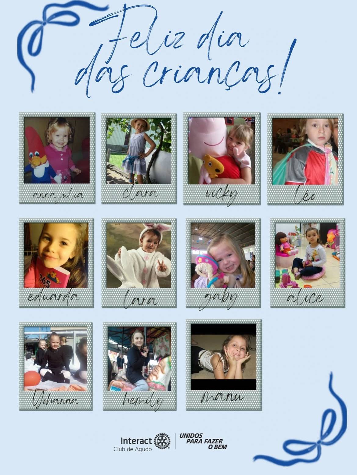 🌟 Feliz Dia das Crianças! 🌟  O Interact Club de Agudo deseja um Feliz Dia das Crianças a todas que mantém viva a alegria, a inocência e o brilho no olhar que tornam o mundo mais leve e colorido! 💛  Para celebrar esta data tão especial, os interactianos prepararam uma homenagem diferente: uma foto repleta de boas lembranças, onde cada um aparece representando a criança que um dia foi. Um gesto simbólico que reforça a importância de nunca perdermos a essência, os sonhos e a pureza da infância — valores que também inspiram o espírito de solidariedade e amizade do nosso clube. 🌈✨  #paratodosverem : Este post possui legenda alternativa para promover a inclusão social, para acessar basta ativar as funções acessibilidade em seu celular.  #interactbrasil #distrito4660 #diadascrianças
