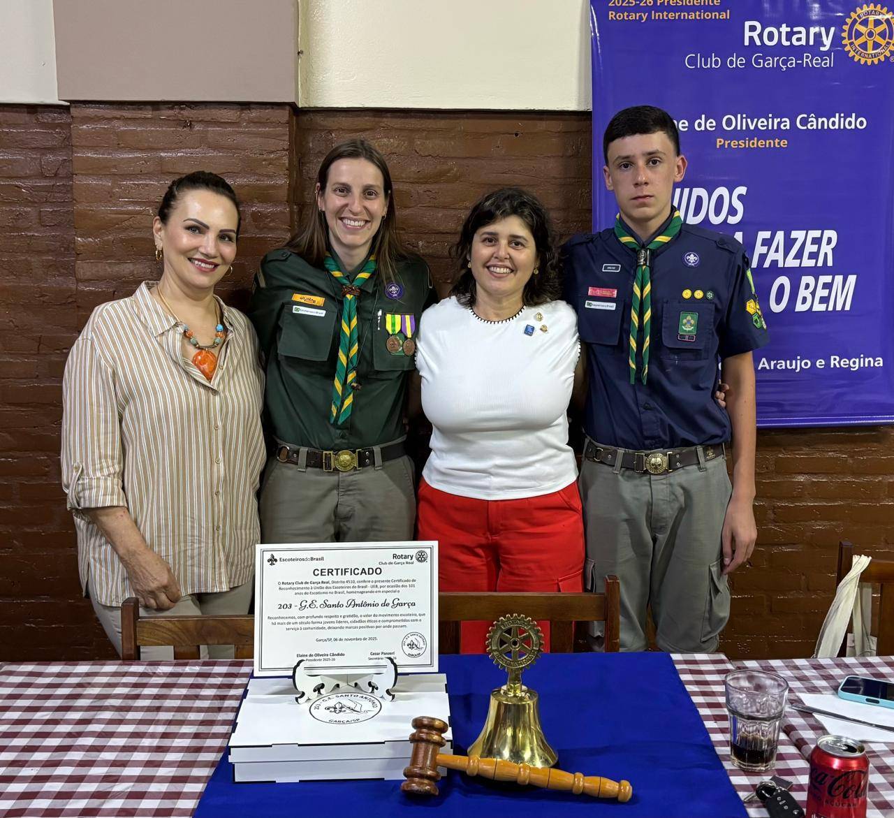 Rotary Garça Real homenageia os 101 anos do escotismo no Brasil com a presença do 203º Grupo Escoteiro Santo Antônio de Garça. Uma noite marcada por reconhecimento, emoção e fortalecimento de laços em prol da juventude e da cidadania.