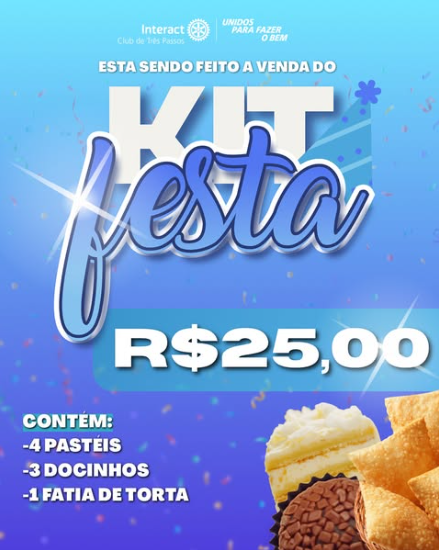 Venda do Kit Festa 🍰🎉  Garanta o seu lanche e contribua com nossos projetos sociais!  O nosso Kit inclui: • 4 pastéis • 3 docinhos • 1 fatia de torta sabor quatro leites  Entregas: quinta-feira, dia 13/11, diretamente no seu estabelecimento.  📞 Pedidos pelo número: (55) 99651-1013 ou pelo nosso Instagram @interactp  Com carinho, Interact Club de Três Passos 🩵  #paratodosverem:Esse post possui legenda alternativa para promover inclusão social, para acessá-lá basta ativar as funções de acessibilidade em seu celular.  #interacttpfazadiferença #mdiointeractbrasil