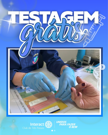 Testagem Grátis  No dia 6 de novembro, o Interact Club de Três Passos, em parceria com a Prefeitura Municipal, promoveu uma ação de testagem gratuita na Praça da Concha, com realização na Casa da Cultura. Os interactianos realizaram abordagens no local e encaminharam os interessados para a testagem.  Essa iniciativa reforça o compromisso do clube com a saúde pública e o bem-estar da comunidade, destacando a importância da prevenção e do cuidado com a saúde em ações que fazem a diferença no dia a dia das pessoas.  Com carinho, Interact Club de Três Passos  #paratodosverem: este post possui legenda alternativa para promover a inclusão social. Para ativá-la, basta ajustar as configurações de acessibilidade no seu celular.  #SaúdeParaTodos #InteractEmAção #CuidarÉTransformar #TrêsPassosSolidário #PrevençãoÉAmor