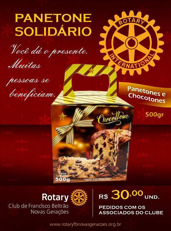 Já estão à venda os deliciosos panetones e chocotones por *R$30,00*! Todo valor arrecadado será destinado aos *projetos sociais do nosso clube*.  Além de adoçar o seu Natal, você contribui para transformar vidas! Interessados, entrem em contato com os companheiros do clube.  Compre, colabore e espalhe solidariedade!