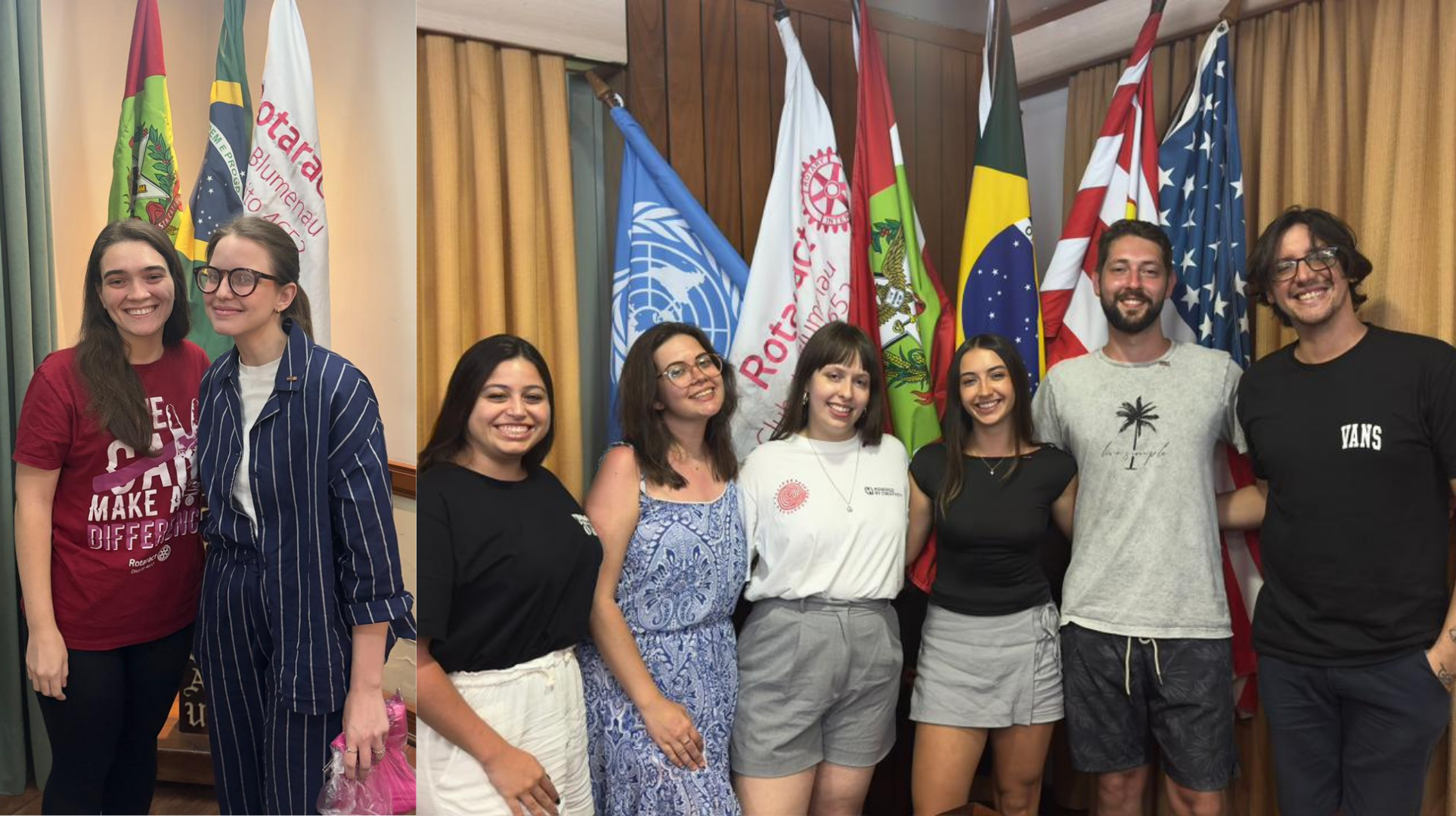 Foto 1: Bruna (á direita), nova associada do clube, junto com sua madrinha, Luciana / Foto 2: Novos associados Letícia, Thiago e Raphaela posando com seus padrinhos. Da esquerda para a direita: Diovana Correa, presidente do Rotaract Club de Blumenau; Caroline Stein, madrinha de Letícia; Letícia Nierdele; Raphaela Eichstaedt; Thiago Fronza; Bruno Felipe Alves, padrinho de Thiago e Raphaela.