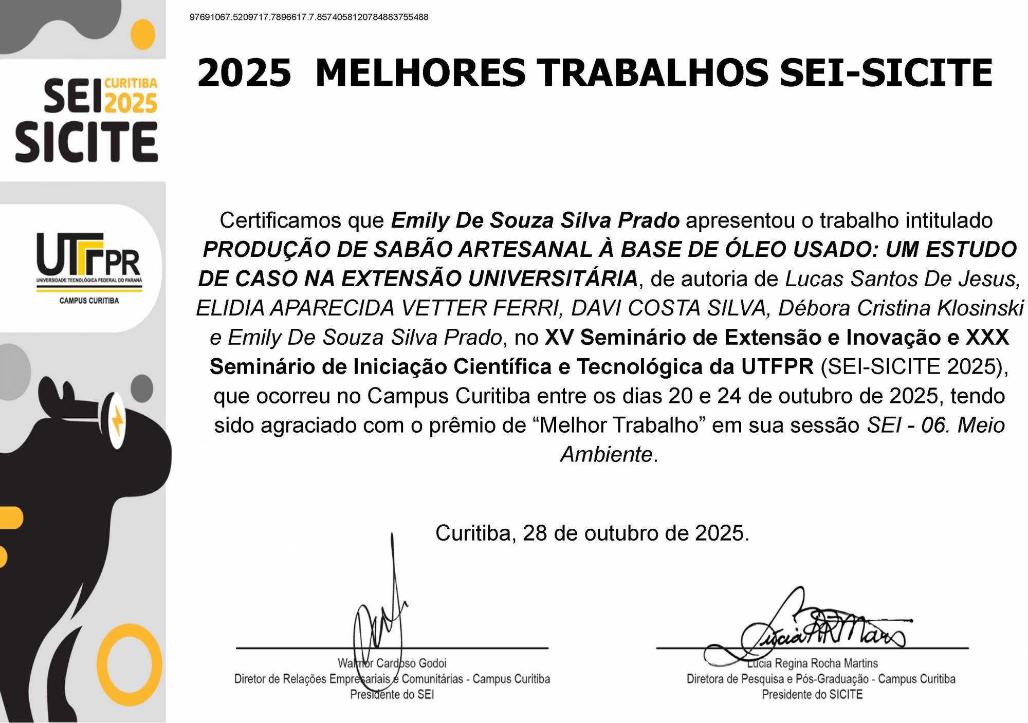 Certificado de "Melhor Trabalho" sessão SEI-06 - Meio Ambiente