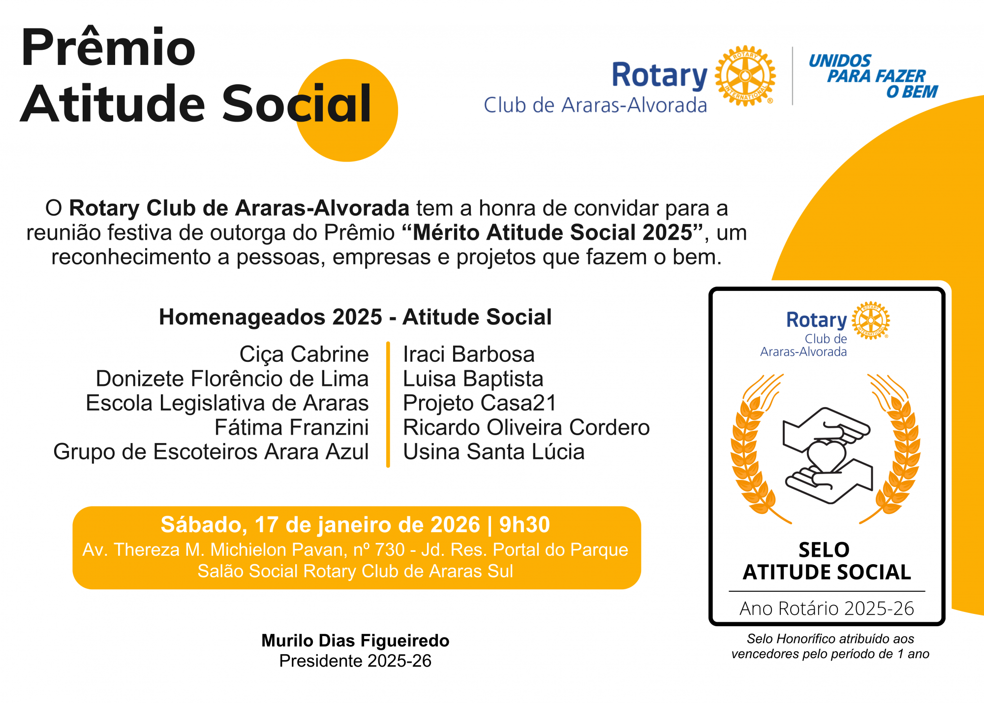 Cerimônia de entrega acontece no sábado, 17 de janeiro, em reunião festiva reunindo homenageados, rotarianos e convidados