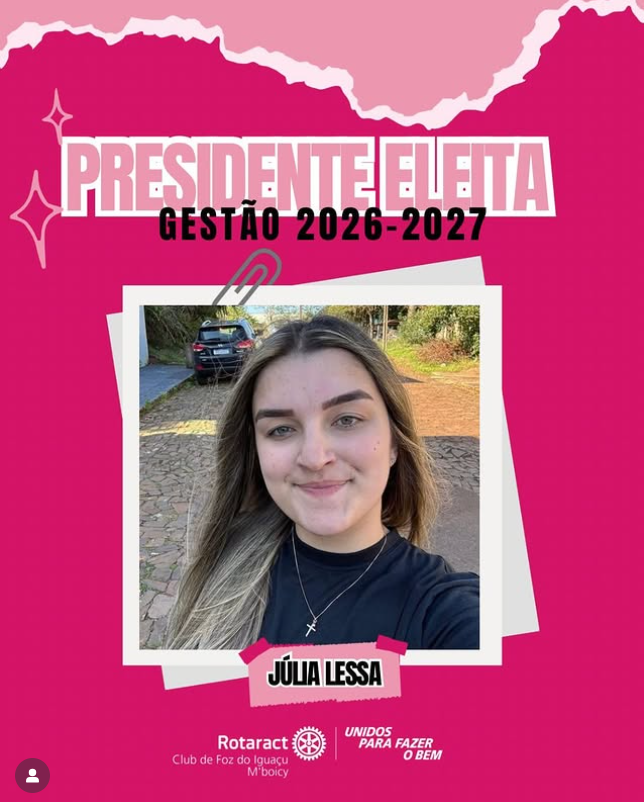 É com muita alegria que o Rotaract Club Foz do Iguaçu M’Boicy, anuncia a presidente eleita da gestão 2026-2027, @juulia.lessa ! 🎉✨ Desejamos uma gestão incrível, cheia de conquistas, aprendizado e momentos inesquecíveis. Que seja um ano de muito trabalho e impacto positivo para todos do nosso clube e comunidade! 🙌💛  #rotaract #rotary