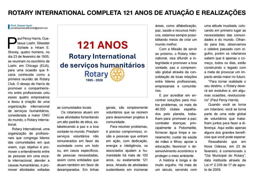 121 ANOS DE FUNDAÇÃO DO ROTARY INTERNATIONAL - TRABALHO E DEDICAÇÃO!