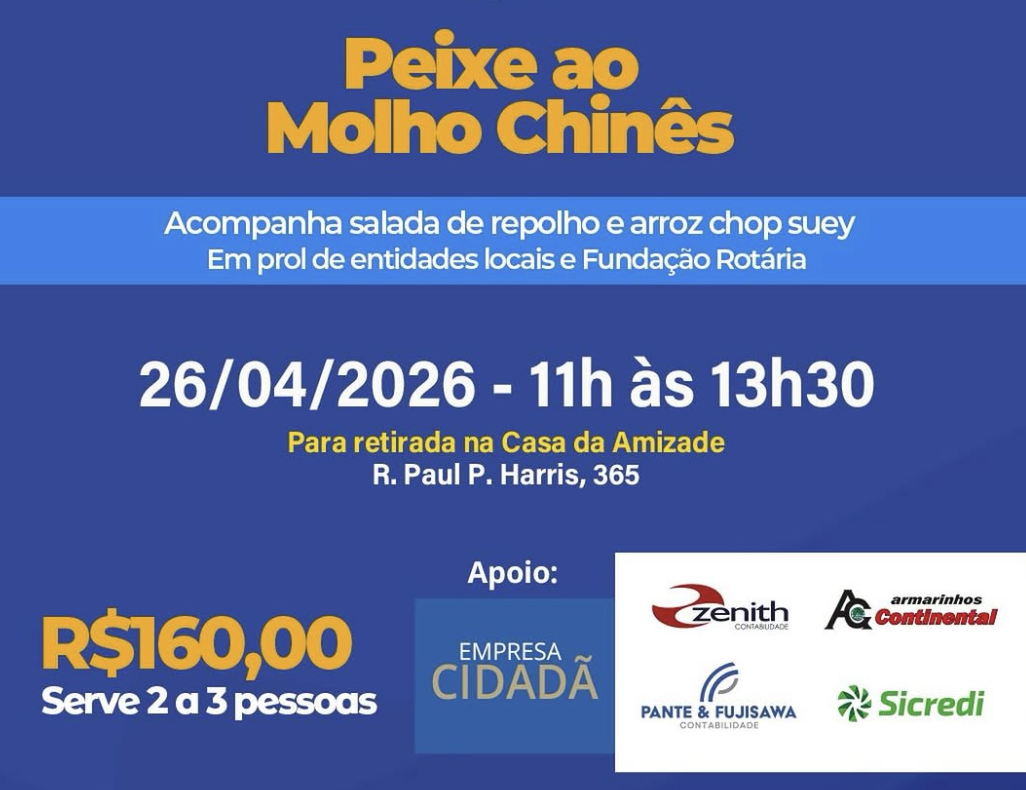 Vem aí o tradicional Peixe ao Molho Chinês. Uma Oportunidade de Fazer o Bem! 🍽️ - Serve 2 a 3 pessoas - Acompanha arroz chop suey e salada de repolho  Ao comprar esse delicioso prato, você apoia os projetos do Rotary em prol da comunidade.  Retirada: Dia 26.04 Casa da Amizade, Rua Paul Harris 365