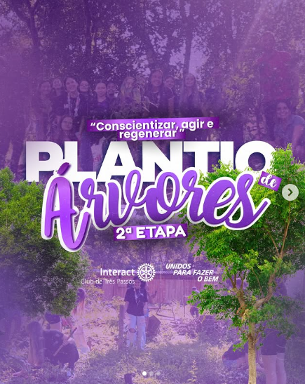Plantio de Árvores!!!  No dia 5 de fevereiro, às 8h15, realizamos o plantio de árvores, que é a 2ª etapa do projeto “Conscientizar, Agir e Regenerar”, próximo ao CTG Missioneiros dos Pampas, em nosso município.  O plantio representa mais do que uma ação: é um passo certo para a preservação da natureza e para a construção de um mundo mais saudável e verde para todos!!  Agradecemos à Prefeitura pelo apoio, à Polícia Penal pela ajuda durante a ação e à @rodopisotrespassos pelos produtos disponibilizados. Cada parceria foi essencial para que esse momento se tornasse possível.  Com carinho, Interact Club de Três Passos!!  #paratodosverem: Esse post possui legenda alternativa para promover a inclusão social. Para acessá-la, basta ativar as funções de acessibilidade em seu celular.  #InteractBrasil #Distrito4660 #interacttpfazadiferença