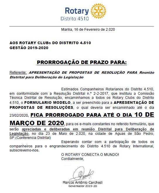 PRORROGAÇÃO PRAZO P/10-MARÇO-2020 P/APRESENTAÇÃO PROPOSTAS DE RESOLUÇÕES DISTRITAL PELOS ROTARY CLUBS DO DI.4510