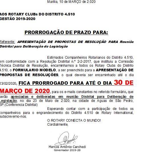 PRORROGAÇÃO PRAZO P/30-MARÇO-2020 P/APRESENTAÇÃO PROPOSTAS DE RESOLUÇÕES DISTRITAL PELOS ROTARY CLUBS DO DI.4510