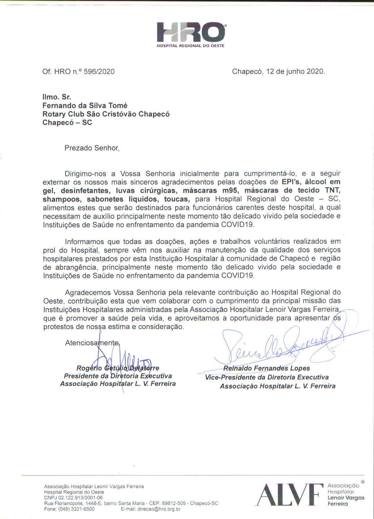 HRO - AGRADECIMENTO AO RC CHAPECÓ SÃO CRISTÓVÃO