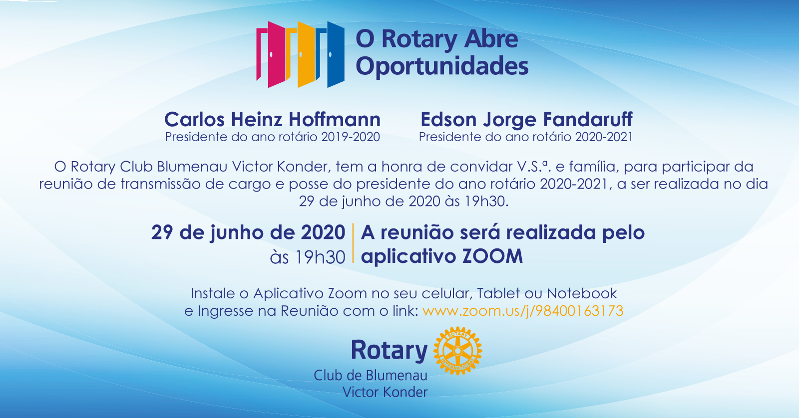 Convite para transmissão de cargo e posse do presidente do ano rotário 2020-2021