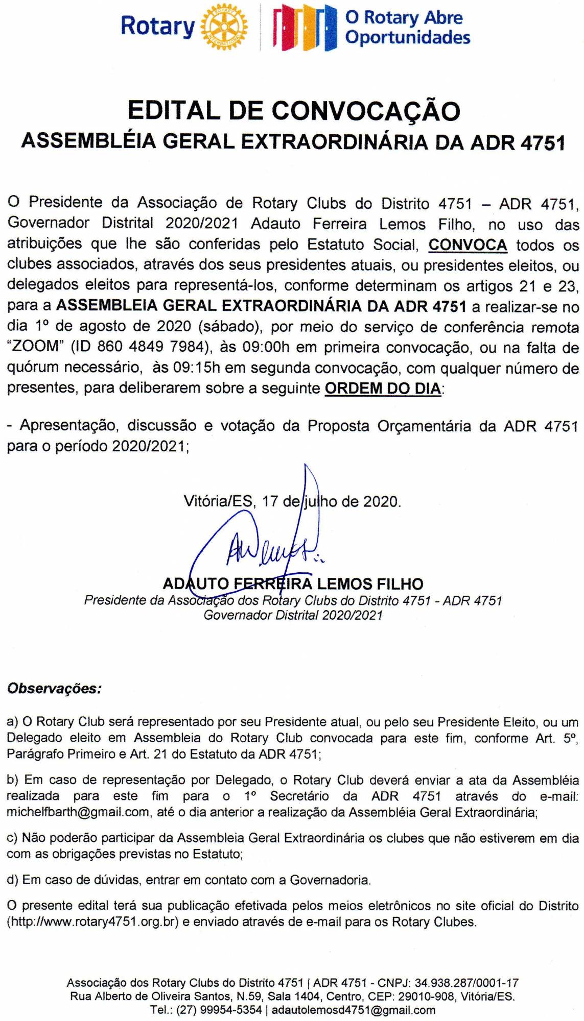Edital de convocação da Assembleia Geral Extraordinária da ADR 4751.