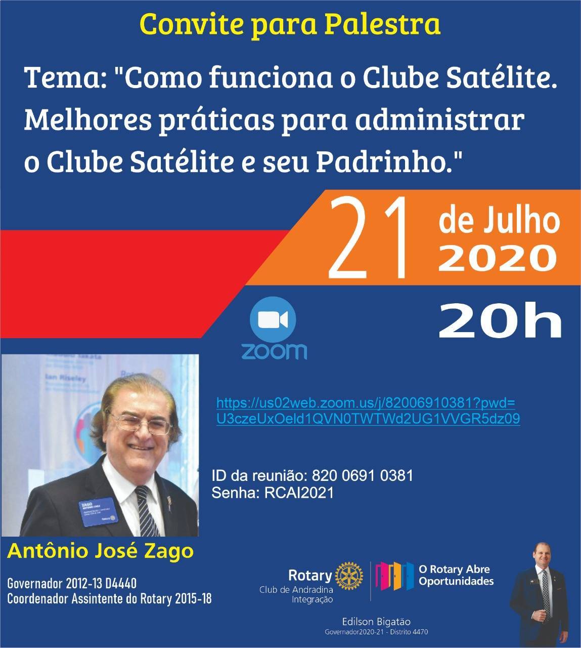 PALESTRA TEMA: Como Funciona o Clube Satélite. Melhores práticas para Administrar o Clube Satélite e seu Padrinho"