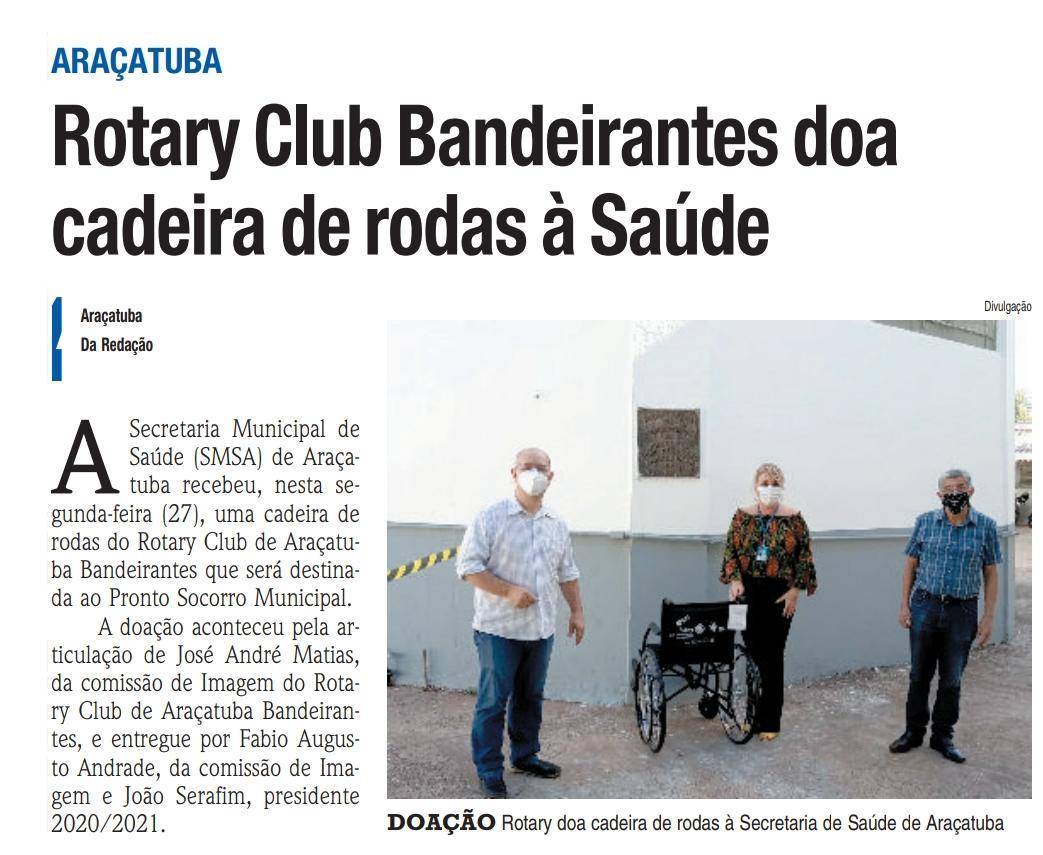 Entrega de Cadeira de Rodas para Secretaria da Saúde de Araçatuba - RCA Bandeirantes - 27-07-2020