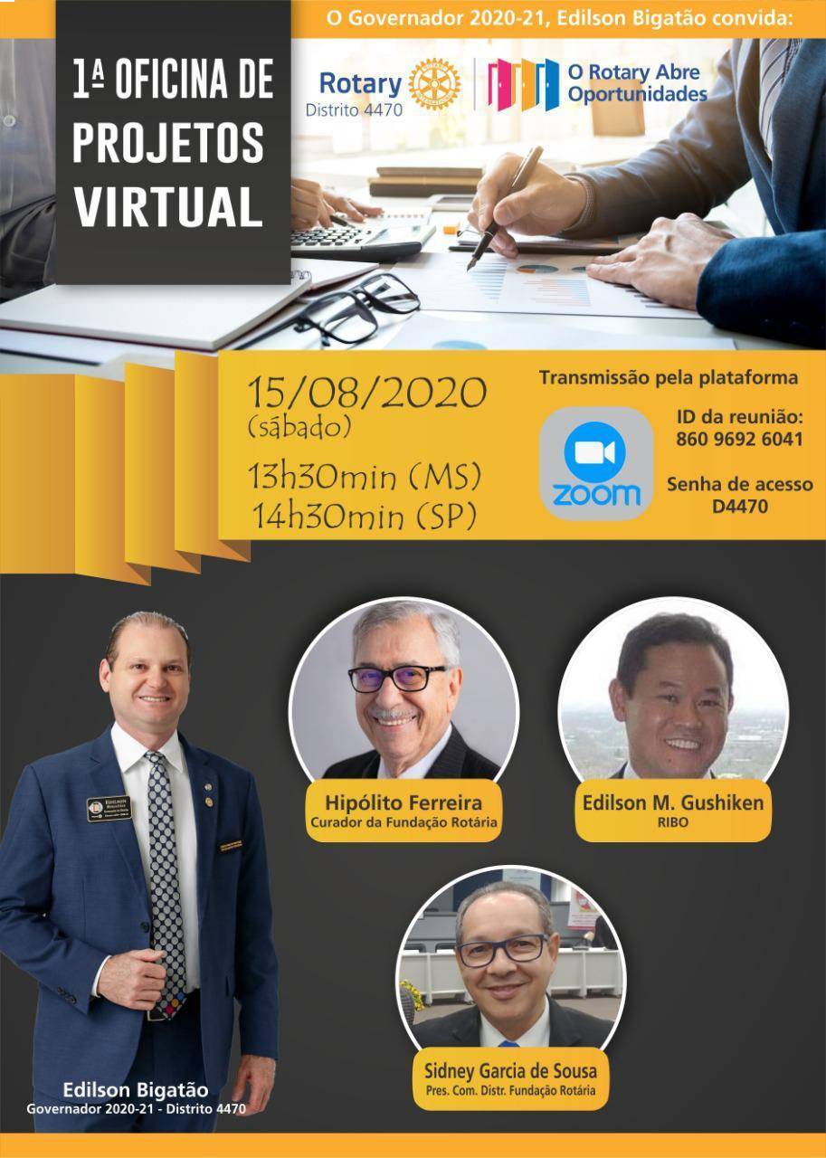 Inscrições abertas para 1ª OFICINA DE PROJETOS VIRTUAL  DISTRITO 4470 ANO ROTÁRIO 2020-21 - 15/08/2020 (Sábado) 13h30 (MS) 14h30 (SP)