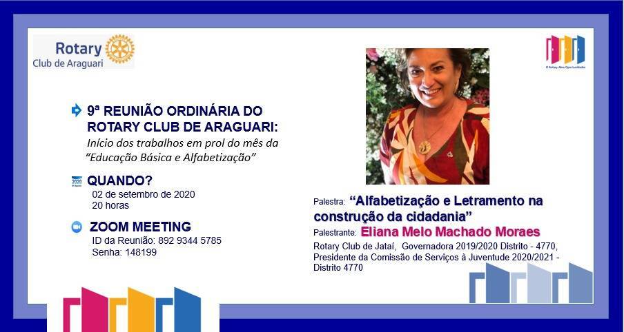 9ª reunião ordinária e palestra com ELIANA MELO MACHADO MORAES sobre Alfabetização e Letramento na construção da cidadania.