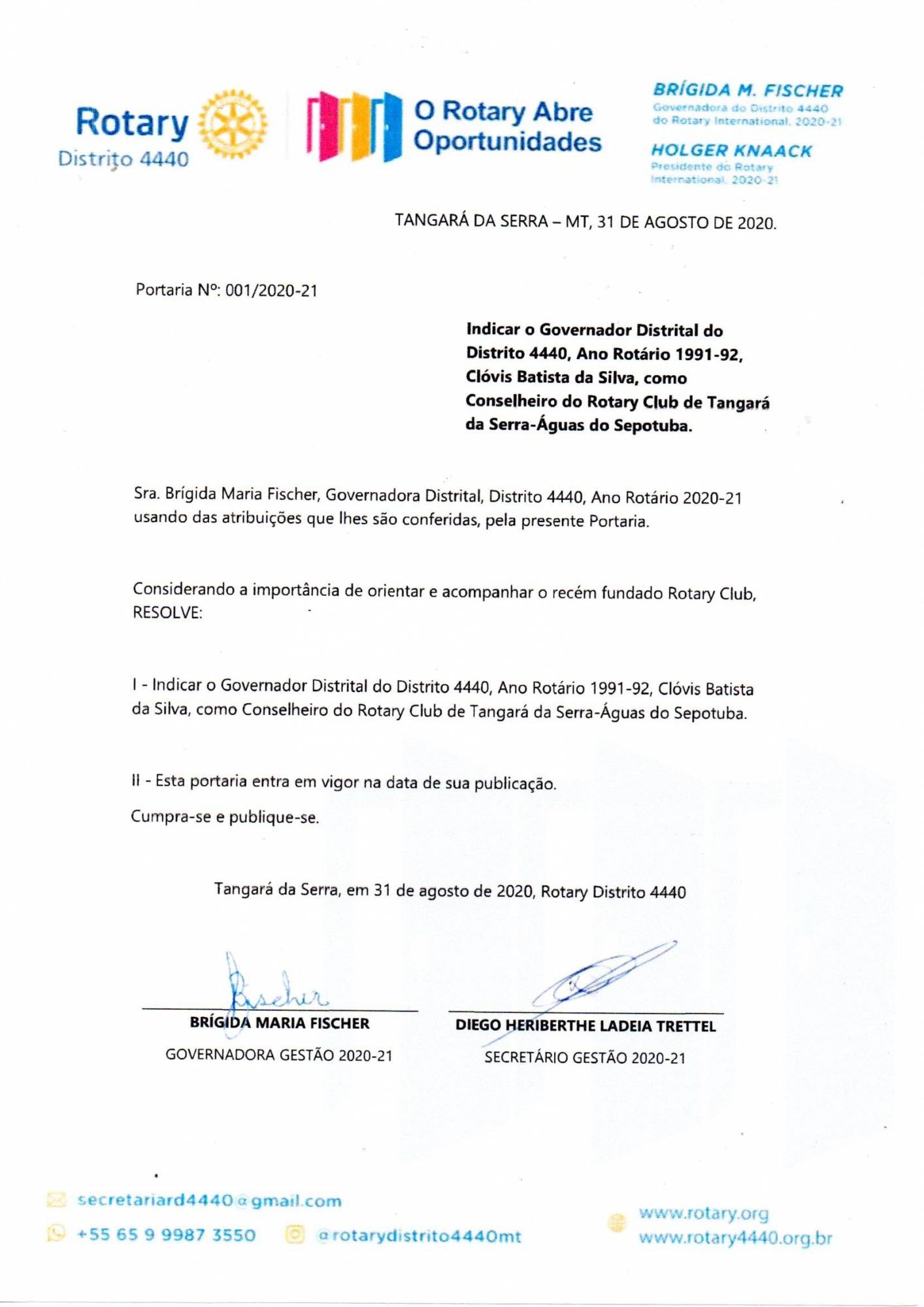 PORTARIA 001/2020-21 INDICA O GOV. DISTRITAL DO ANO ROTÁRIO 1991-92, CLÓVIS BATISTA DA SILVA COMO CONSELHEIRO DO RC TANGARÁ DA SERRA-ÁGUAS DO RIO SEPOTUBA