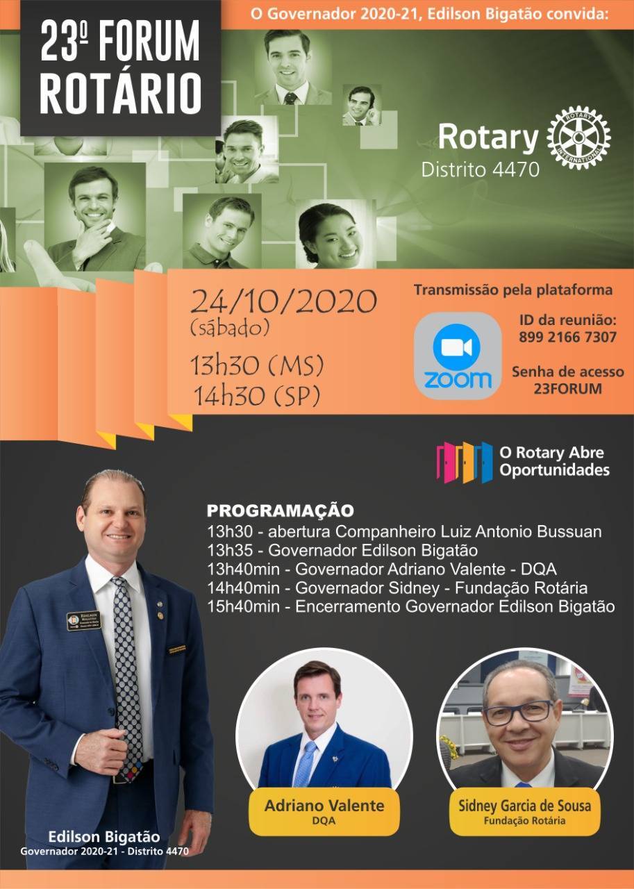 Dia 24/10/2020 acontece o 23° FORUM ROTÁRIO de Dourados/MS